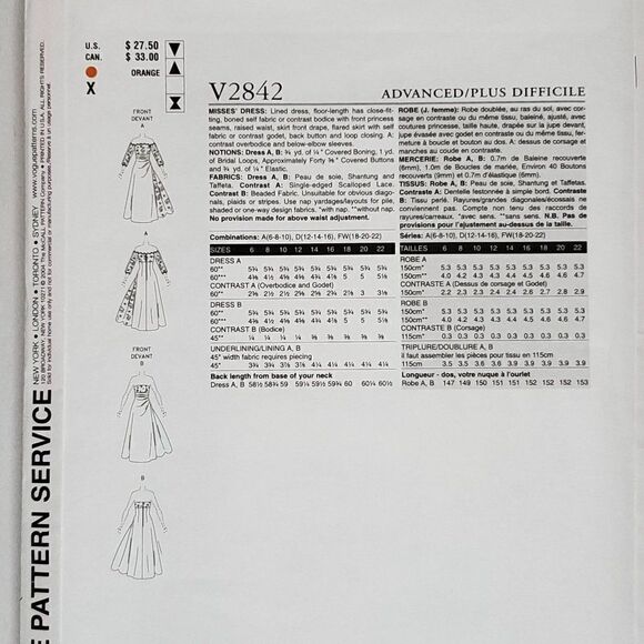 Vogue Bridal Dress Pattern V2842 D 12 14 16 Off Shoulder Sleeveless Uncut - Picture 2 of 2